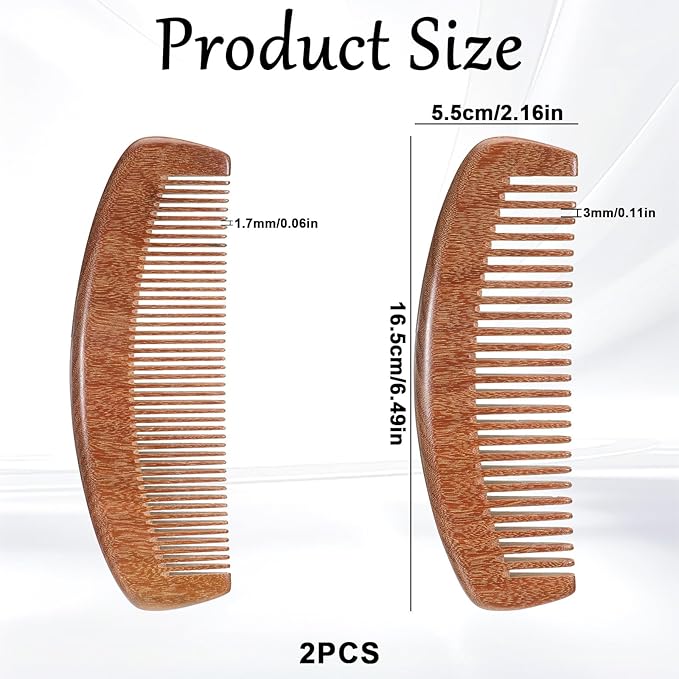 Wooden Comb for Women, 2 Pieces Wooden Hair Combs Natural Sandalwood Fine Tooth Beard Comb Anti-Static Wide Tooth Detangling Combs for Women Men Curly Straight Hair