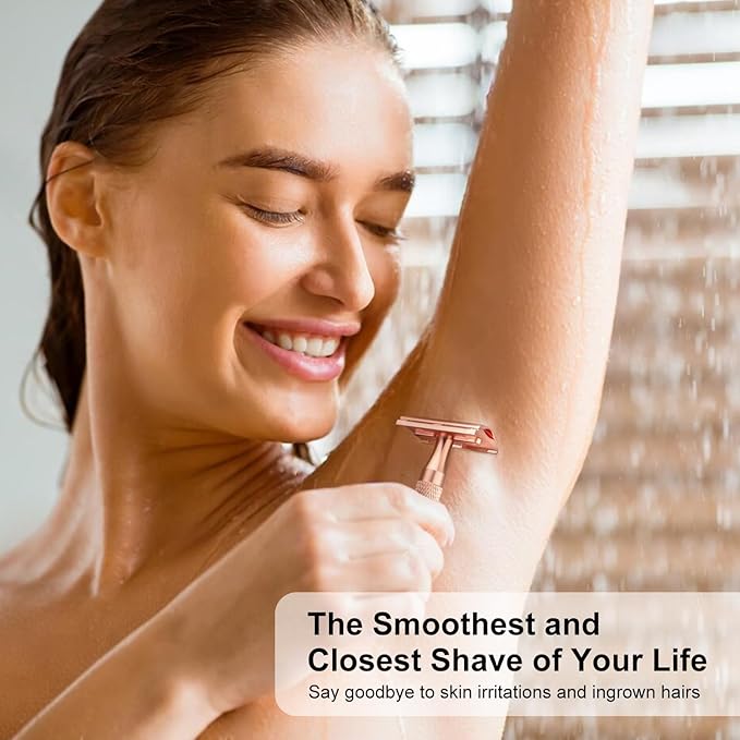 Rose Gold Safety Razor, Single Blade Razors for Women, Reusable Metal One Blade Razor Women, with 10 Stainless Steel Double Edge Blades, Eco-friendly, Smooth & Close Shave
