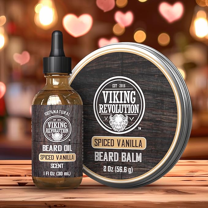 Viking Revolution Spiced Vanilla Beard Balm for Men (2oz) and Beard Oil (1 fl oz) Kit - With Argan and Jojoba Oils - Soften and Moisturize - Stocking Stuffers for Men