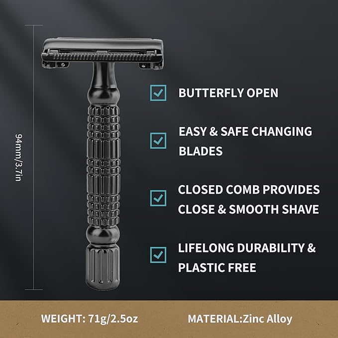 Gearhub Butterfly Double Edge Safety Razor Reusable Stainless Metal Wet Shaving Razor with 10 Swedish Platinum Blades for Men Women Barber Bikini Armpit Hair, Matte Black GR179