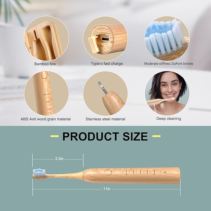 Sonic Electric Bamboo Toothbrush for Adults -5 Adjustable Cleaning Modes -Includes 2 Bamboo Heads with Castor Oil Bristles - Upgraded IPX7 Waterprood -Convenient Charging & Travel Case