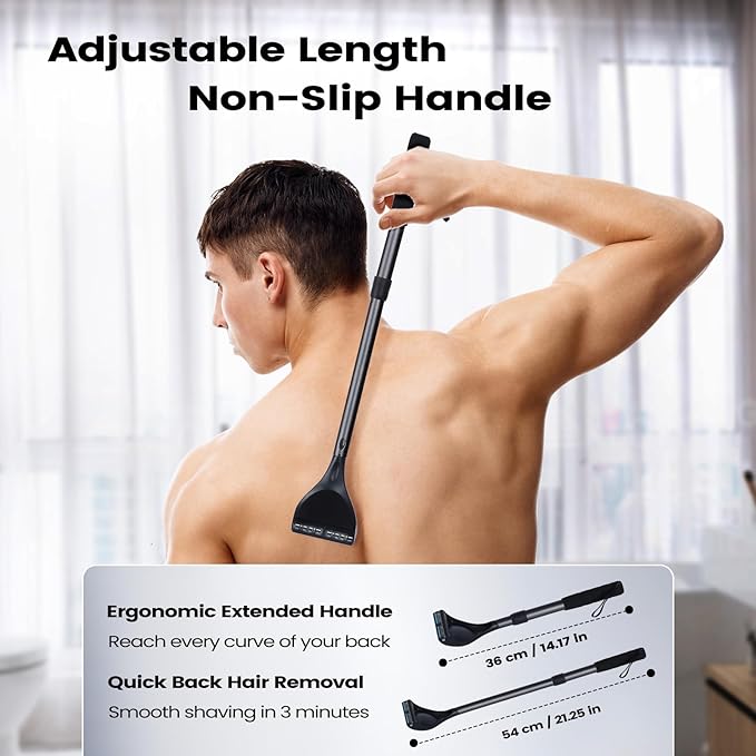 Back Shaver for Men - Retractable Long Handle Back Hair and Body Shavers,Replaceable Multi-Layer Double Blades（8PCS）, Ergonomic DIY Wet or Dry Shaving Solution - Black