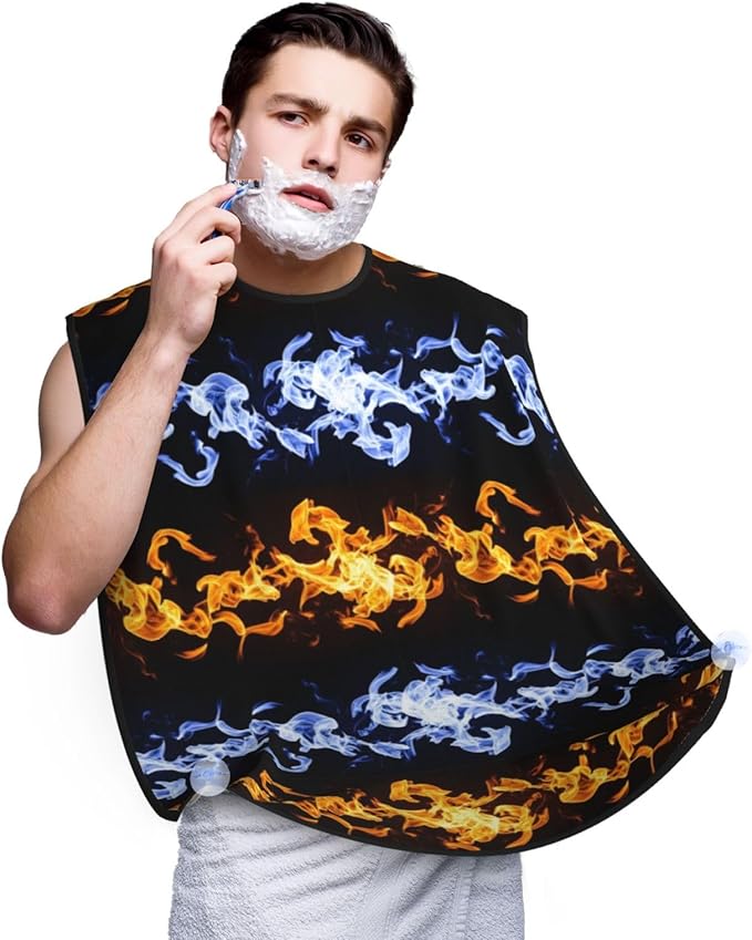 Non-Stick Beard Bib for Shaving, Red and Blue Fire Black Shave Bib, Waterproof Hair Catcher with Suction Cups, Grooming Apron Men Husband