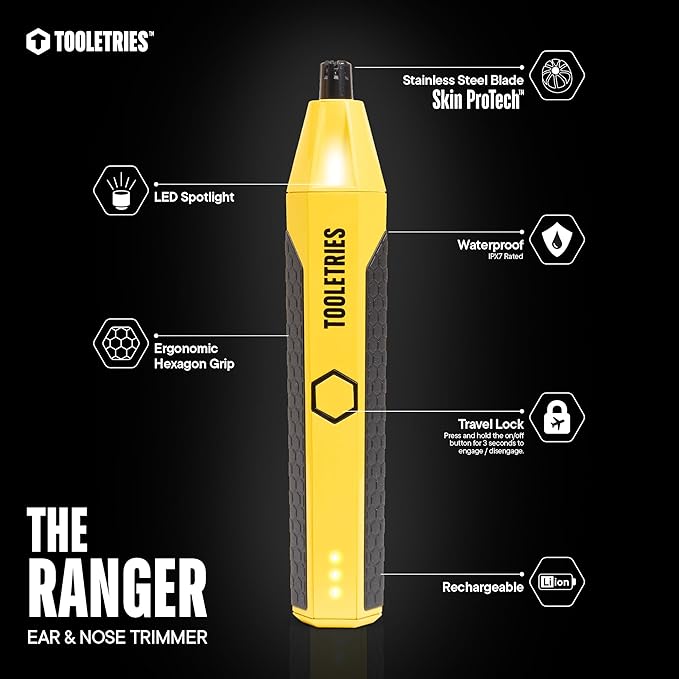 TOOLETRIES The Ranger - Electric Nose & Ear Hair Trimmer for Men, Wet/Dry Nose Clippers with Stainless Steel Blades, Waterproof, Rechargeable Li-Ion Battery, LED Spotlight, Travel Lock - Yellow