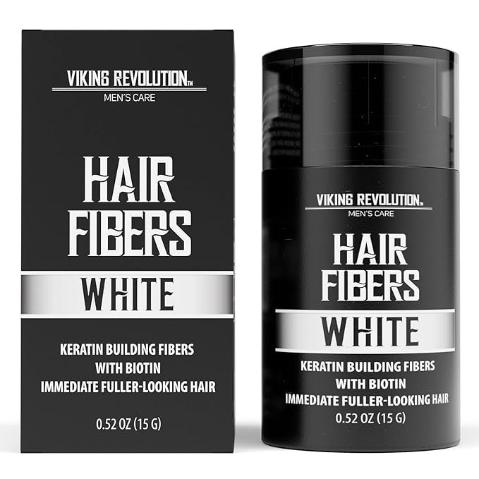 Viking Revolution White Hair Fibers for Thinning Hair Men - Thick Fiber for Bald Spot Cover Up - Hair Building Fibers with Kerating and Biotin - Hair Fiber for Men for Thicker and Fuller Look (0.52oz)
