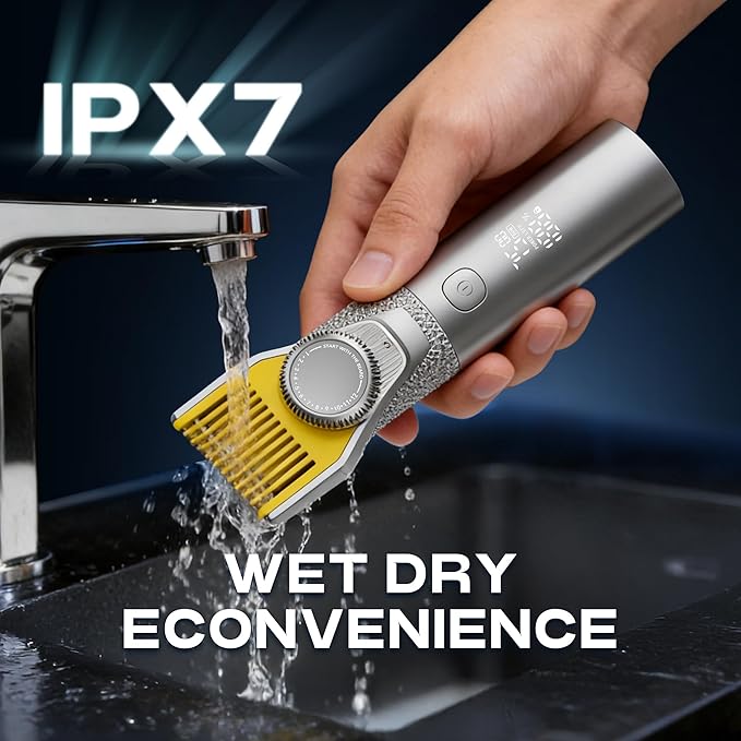 Prettywill Beard Trimmer for Men,with Adjustable Limiting Comb, Travel Lock IPX7 Waterproof, 2-Speed Settings, 6-in-1 Multi-Accessories Kit,Gifts for Men Husband Father,Silver&Yellow