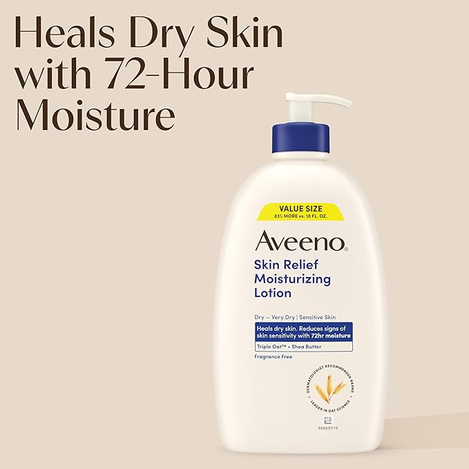 Aveeno Skin Relief Moisturizing Lotion Heals Very Dry, Sensitive Skin, Fast-Absorbing Body Lotion with Triple Oat & Shea Butter, Fragrance Free, Non-Comedogenic, Value Size, 33 fl. oz