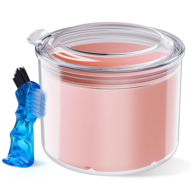 Denture Bath Cup with Cleaning Brush, Large Soaking Container with Strainer Basket for False Teeth & Night Guard, Oral Care Storage Holder for Home Use, Pink