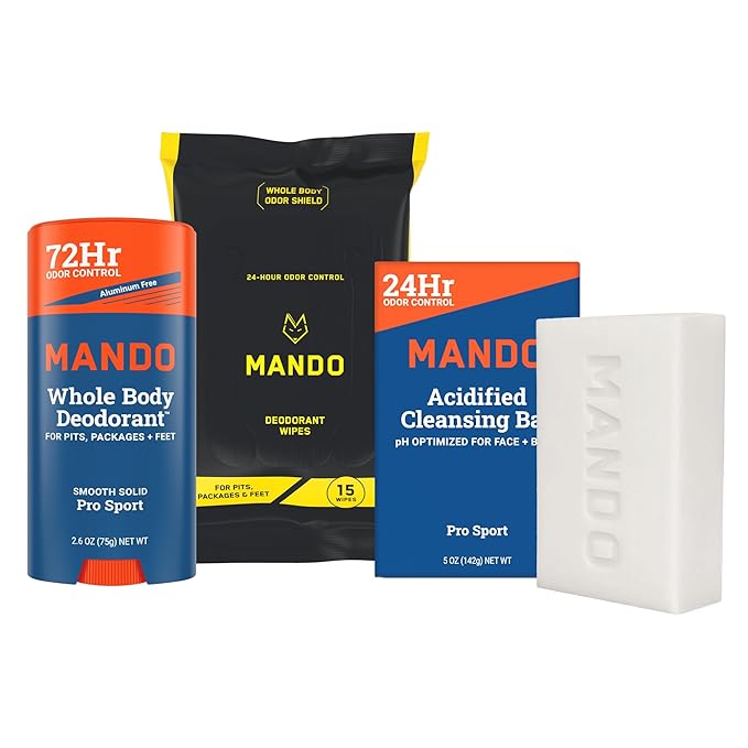 Mando Whole Body Deodorant 3 Piece System - 2.6 oz Smooth Solid Stick, 5.0 oz 4in1 Acidified Cleansing Bar, & 15 ct Deodorant Wipes - Aluminum & Baking Soda Free Odor Control - 3 pc Bundle (Pro Sport)