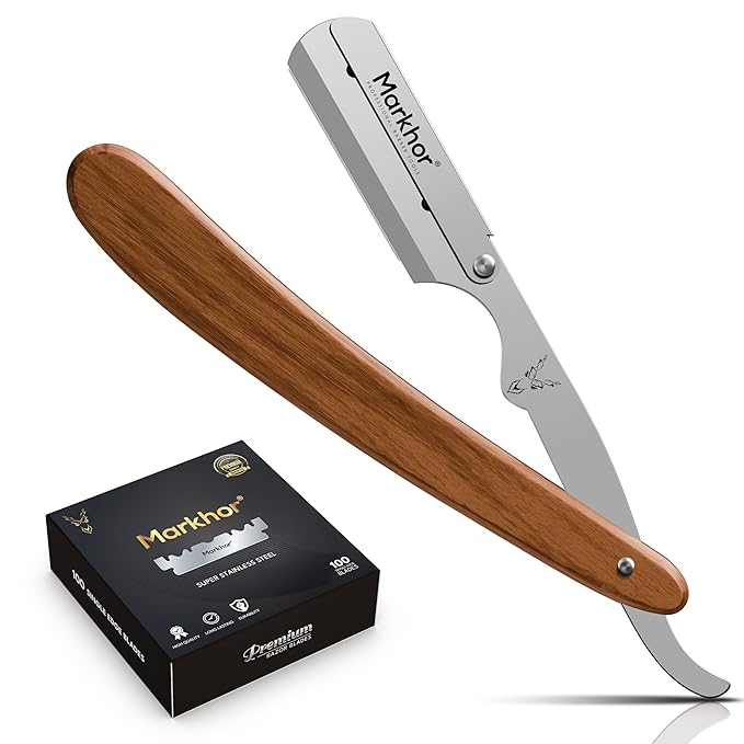 Markhor® Straight Razors for Men with 100 Single Edge Razor Blades | Rose Wood Polish Barber Straight Razor | Straight Edge Razor | Barber Razor Blade | Navajas Para Barbero