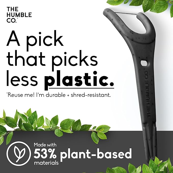 The Humble Co Molar Floss Picks for Teeth, 200 Count (Charcoal) - Angled Dental Flossers with Extended Reach for Molars & Back Teeth - Plant-Based Floss for Interdental Oral Care, Hygiene & Gum Health