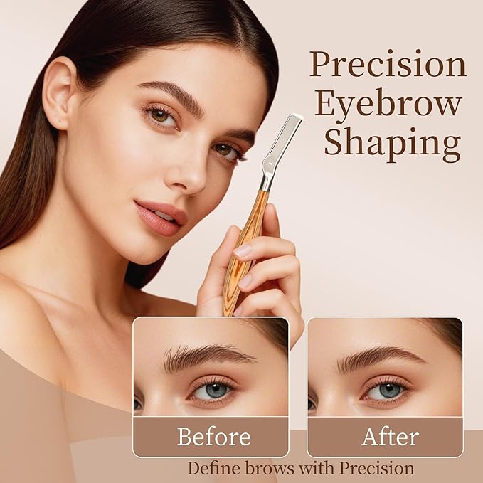 EyeBrow Razor with Safety Mesh Guard – Wooden Handle Eyebrow Trimmer for Women & Men, Includes 8 Replacement Blades & Leather Pouch for Peach Fuzz, Lip Hair & Brow Shaping