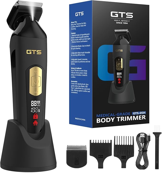 Electric Body Hair Trimmer for Men - Multi-Angle Ceramic Blade with LED Screen & 7000RPM Adjustable Speed, IPX6 Waterproof Pubic/Ball/Groin Shaver Kit, USB/Dock Charging, 90min Runtime, Box