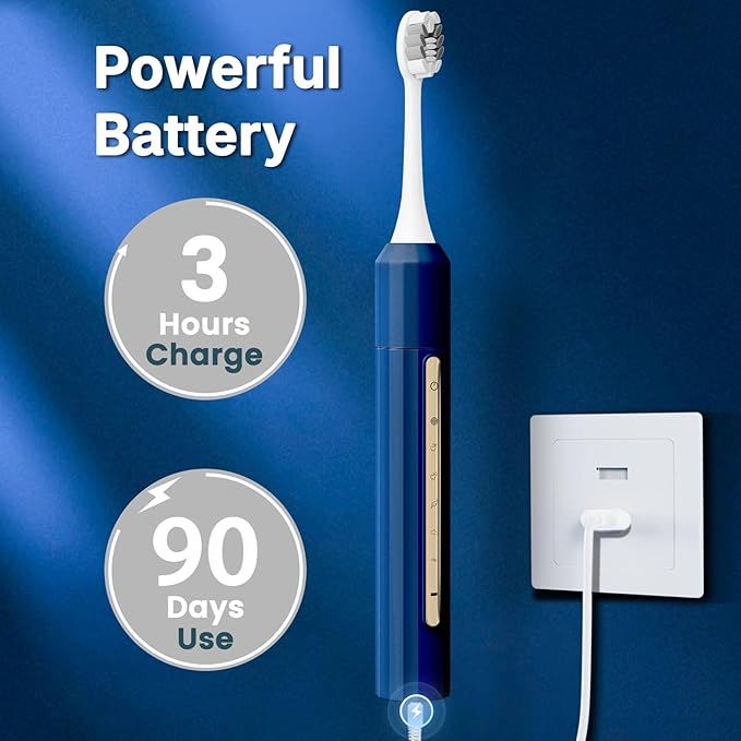 Sonic Electric Toothbrush for Adults & Kids - 10 Brush Heads, 90-Day Battery, 5 Modes, 2-Min Timer, IPX8 Waterproof, Rechargeable & Travel-Friendly (Blue)