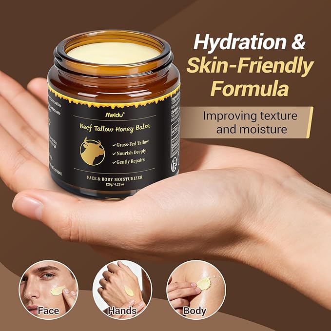 Tallow and Honey Balm, Beef Tallow for Skin, Tallow Face Moisturizer with 100% Organic Grass-Fed Beef Tallow & Raw Wild Honey, Natural Formula for Face & Body for Men Women, 4.2 Fl Oz (Pack of 1)-120g