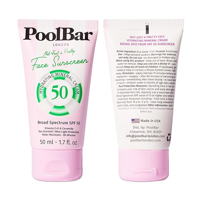 PoolBar Mineral Face Sunscreen Cream for Women and Men Sun Care, SPF 50, Hydrating Mineral, Vitamin C, E, and Ceramide, Non Scented Water Resistant Sunscreen, Blue Light Protection - 50ml
