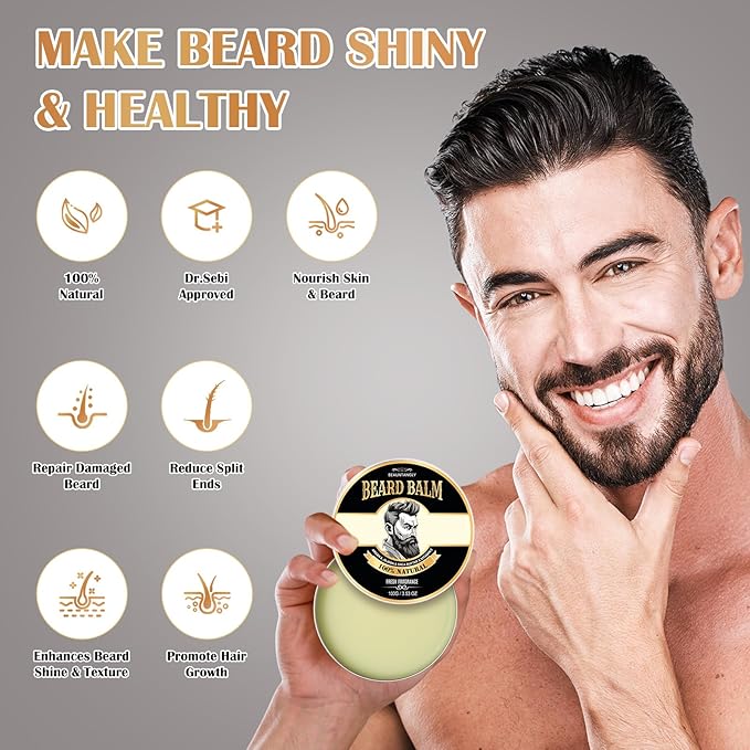 Beard Balm for Men, 100% Natural with Shea Butter, Argan Oil, Jojoba Oil, Vitamin E - 3.53OZ Conditioner Softener Moisturizer