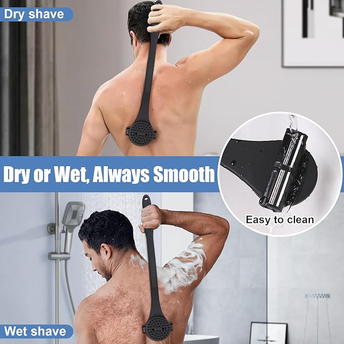 2 in 1 Back Shaver & Massage Cleaning Brush with Bendable Handle, Manual Stainless Steel Razor for Back & Body Hair Removal, Portable Wet Dry Body Groomer with 8 Pcs Replaceable Blades-Black