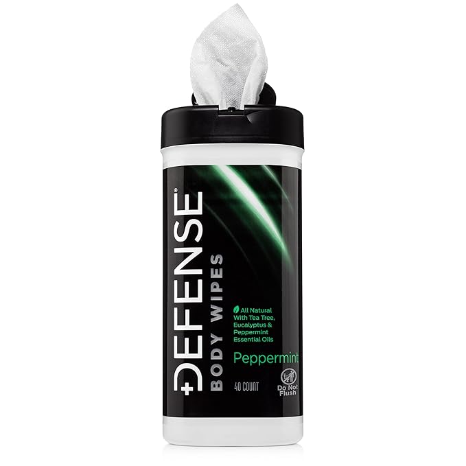 Defense Soap All Natural Peppermint Body Wipes with Tea Tree Oil | Wrestling, Combat, Camping, Gym, Post Workout Shower Wipes for Men and Women. 40 Count