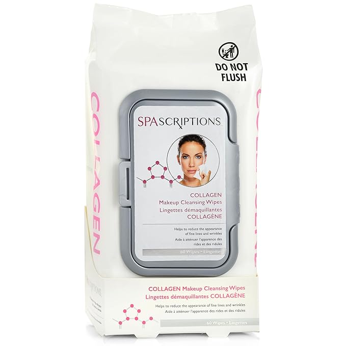 SpaScriptions Collagen Cleansing Facial Wipes - Hydrating & Firming Anti Aging Makeup Remover Wipes To Help With Fine Lines & Wrinkles, Daily Use Face Wipes For All Skin Types, 1-Pack (60ct)