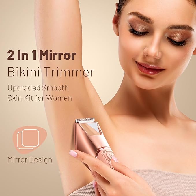 Bikini Trimmer for Women: Pubic Hair Razor with Mirror & LED Light, Electric Shaver with Travel Lock & Ceramic Blades - Body Groomer IPX7 Waterproof Use for Legs/Arm/Underarm - Dusty Pink