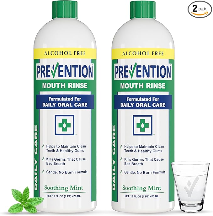 Prevention Daily Care Alcohol-Free Mouthwash, Hydrogen Peroxide Teeth Whitening with Soothing Fresh Mint for Bad Breath Treatment, Fluoride-Free Gum Care Oral Mouth Rinse 16 oz 2 Pack