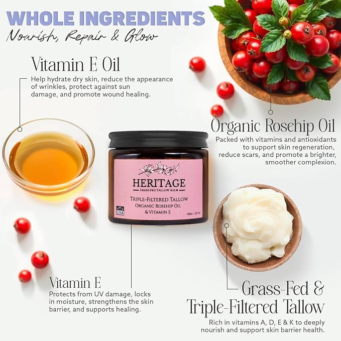 Whipped Beef Tallow for Skin Eczema - Infused Rosehip Oil - Made in USA, Baby, Men, Women All-Natural Moisturizer for Body & Face, Wrinkle Repair Anti Aging Defense, Grass Fed Skincare - 2 Oz