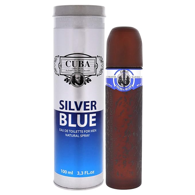 Cuba Silver Blue Eau de Toilette Spray for Men, 3.3 Ounce, brown