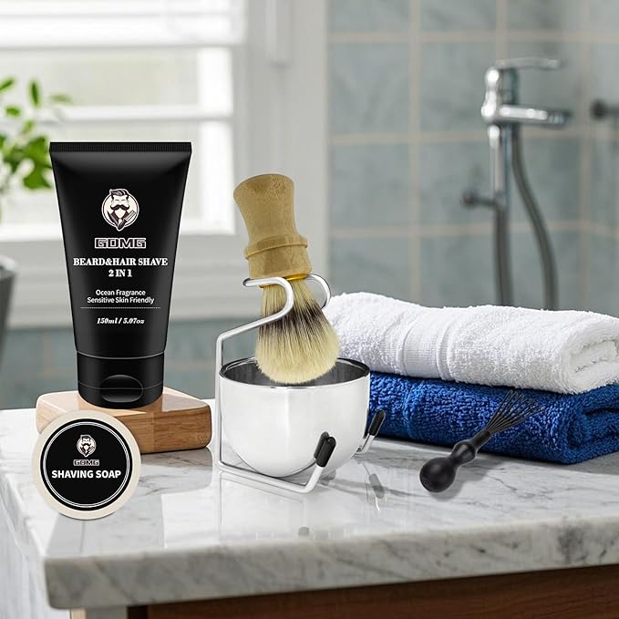 Shaving Brushes for Men,5 in 1 Shave Brush Kit,Includes 100% Pure Boar Shaving Brush, Shaving Bowl,Shaving Cream& Shave Soap Best Shaving kit for Men Gift Set (Wood Color)
