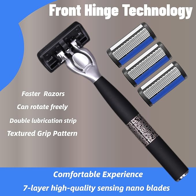 7-Blade Razor for Men, Men's Manual Refill Cartridges Razors Kit, Dual Lubrication Precision Beard Trimmer, Safety Men's Shaving Essentials Kit for Smooth and Comfortable Shave (1 Razor + 9 Blade)