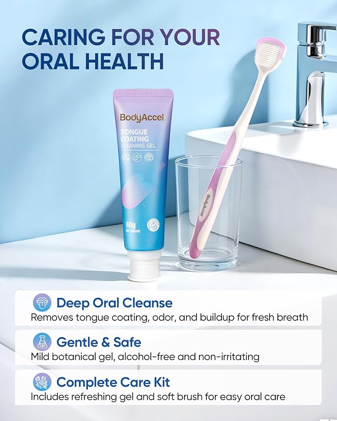 BodyAccel Tongue Cleaner Gel with Tongue Brush – Fresh Breath Oral Care Kit – Tongue Scraper Gel Set for Bad Breath Removal, Maintain Oral Health