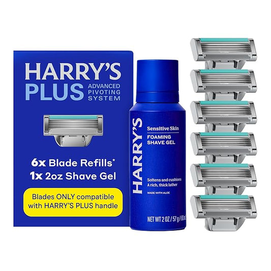 Harry's Plus Razor Refills - 6 Razor Blade Cartridges and Foaming Shave Gel - Compact Cartridge Design for Precise Control - Shaving Kit for Men
