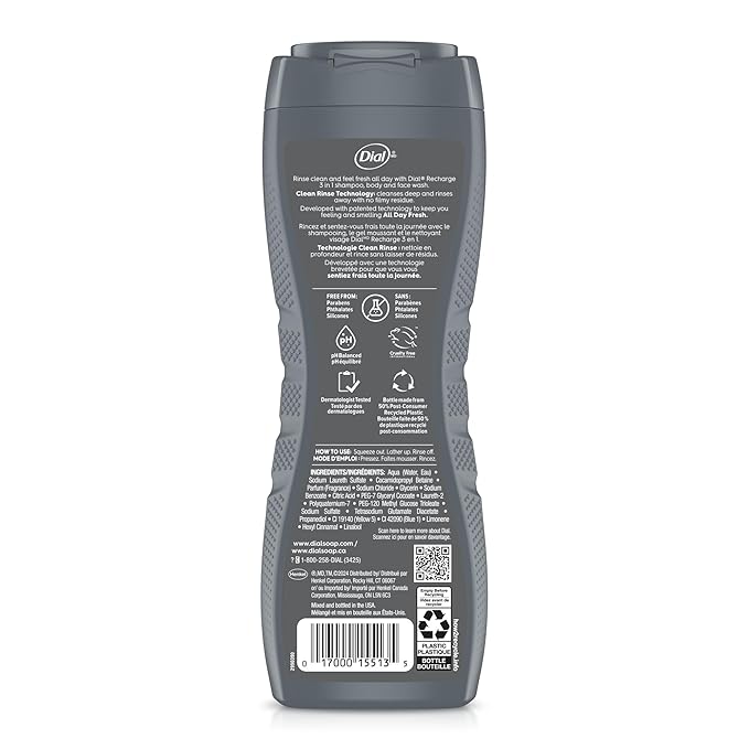Dial Men 3 in 1 Body, Hair and Face Wash, Recharge, 16 Fl Oz (Pack of 4), Cedar Leaf Scent, Cleanses Deep + Gentle on Skin with Clean Rinse Technology