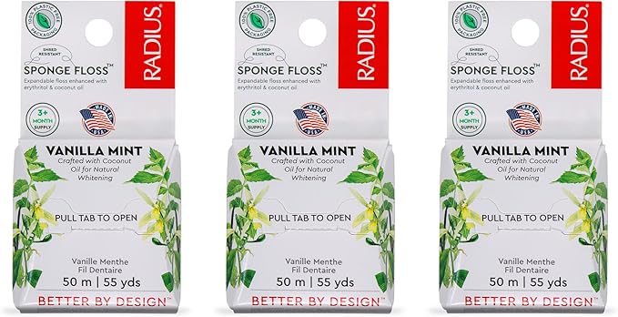 Radius Vanilla Mint Dental Floss 55 Yards Vegan & Non-Toxic Oral Care Boost & Designed to Help Fight Plaque Clear - Pack of 3
