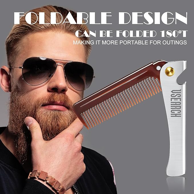 Heated Beard Straightener for Men - 5-Temp Settings & Anti-Scalding Tech, Folding Styling Comb, Compact for Travel, Perfect Grooming Gift for Father's Day, Anniversary & Birthday