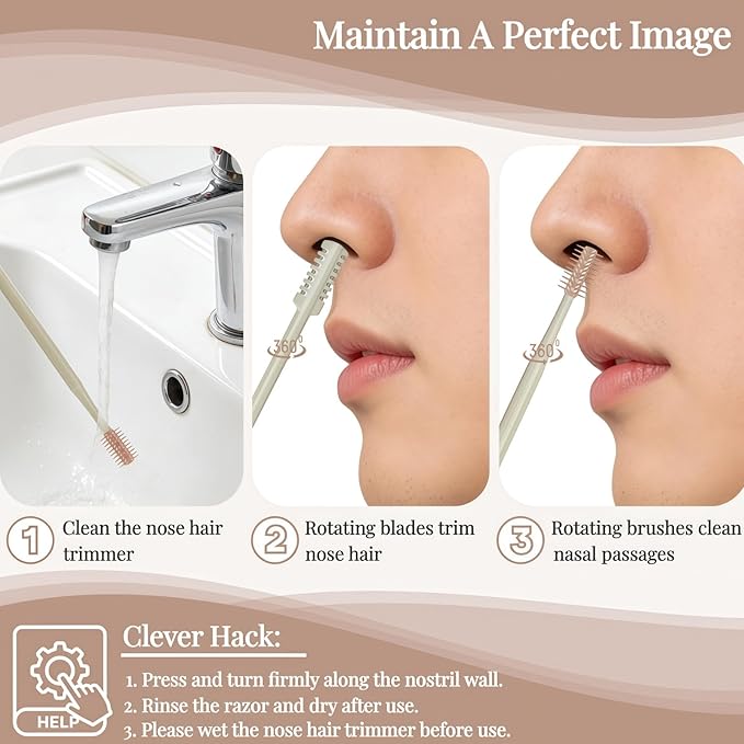 2026 Upgraded 2-in-1 Nasal Hair Cutter, 360° Rotating Double-Sided Blade, Washable Portable Grooming Tool for Men & Women, Travel Essential, 3Pack (Beige)