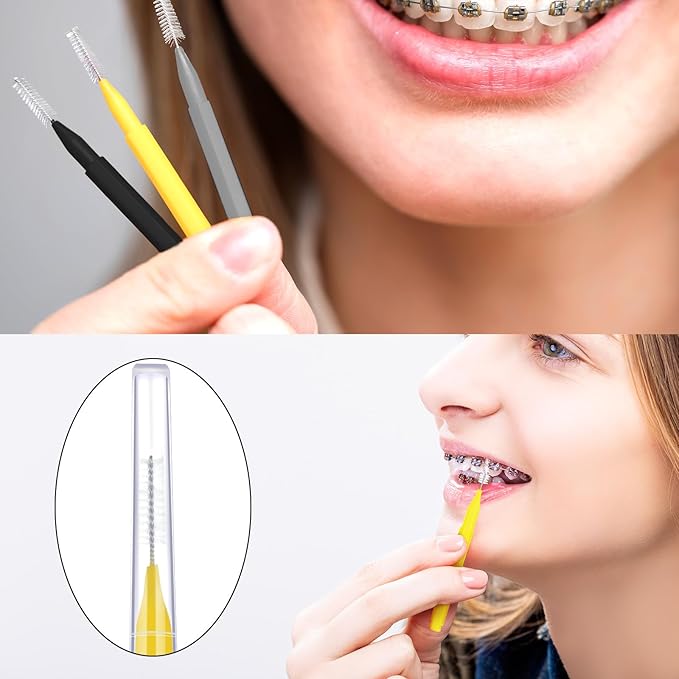 Patelai 100 Pieces Braces Brush for Cleaner Interdental Brush Toothpick Dental Tooth Flossing Head Oral Dental Hygiene Flosser Toothpick Cleaners Tooth Tool(Black, Grey,Yellow,Various Sizes)