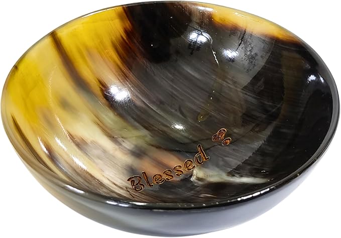 Engraved (Blessed) Horn Bowl - Modern, Contemporary - 5' Round X 2' deep - Shaving Soap, Serving, Decorative - Yellow, Handcrafted from a Single Piece of Horn for Everyone