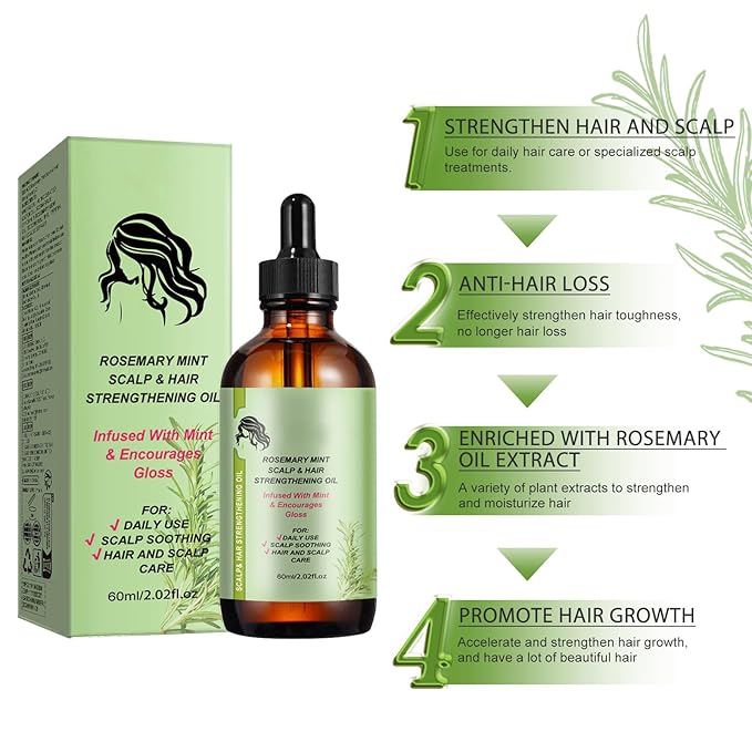 Rosemary Mint Scalp & Hair Strengthening Oil, Natural Ingredients with Jojoba Oil, Anti-Hair Loss Treatment for All Hair Types, 2.02 fl oz Glass Bottle with Dropper