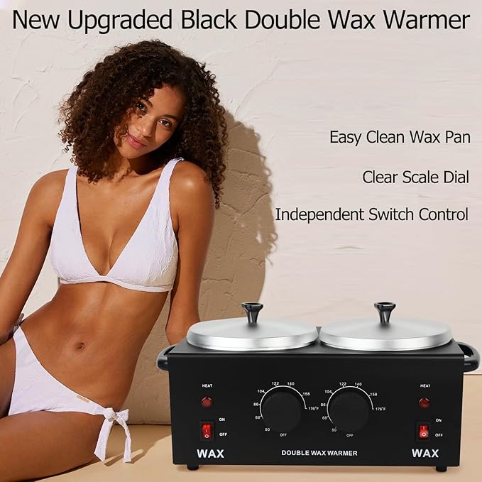 Non-Stick Hair Removal Wax Warmer with Adjustable Temperature - Large Professional Double Pot for Salon and Home Use, Includes 100 Wax Sticks