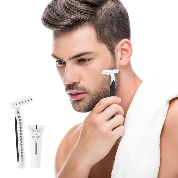 Disposable Razors in Bulk Pack of 30,Black Disposable Shaving Razors Individual Wrapped Twin Blade Bulk Disposable Razors with Clear Cap and 10g Shaving Cream for Homeless,Hotel,Travel,Charity,Shelter