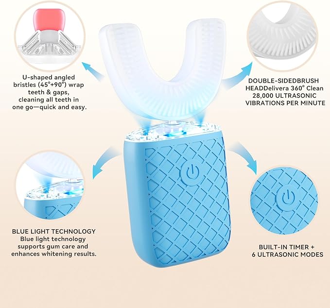 Adult Sonic Automatic Electric Toothbrush, 360° Oral Cleaning Stain Whitening, IPX7 Waterproof Rechargeable, u-Shape Brush Head*3+Straight Handle Brush Head*2 (Blue)