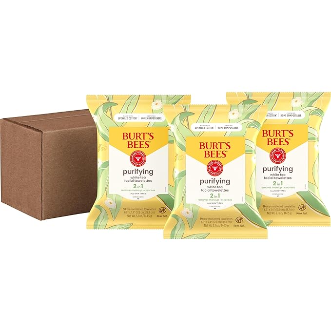 Burt's Bees White Tea Face Wipes, for All Skin Types, College Back to School Dorm Essentials, Hydrating Makeup Remover & Facial Cleansing Towelettes, 30 Ct, (Pack of 6)