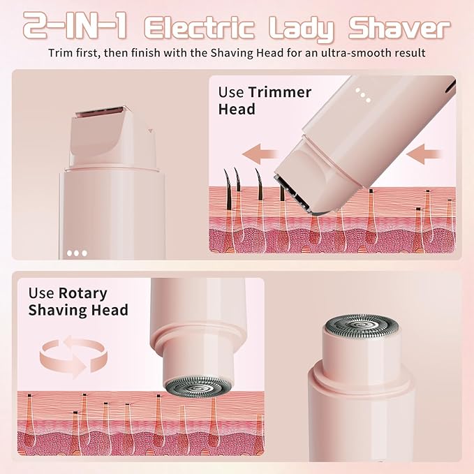 Bikini Trimmer for Women Pubic Hair - 2 in-1 Electric Razors for Women - Rechargeable Electric Shaver - IPX7 Waterproof Bikini Trimmer for Underarm Leg Arm Body Face Hair Remover Painless Portable