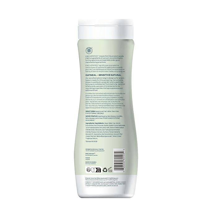 ATTITUDE Hair Shampoo for Sensitive Dry Scalp, EWG Verified, Soothing Oat, Dry and Damaged Hair, Naturally Derived Ingredients, Vegan and Plant-Based, Nourishing, Avocado Oil, 16 Fl Oz