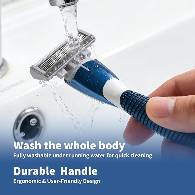 6-Blade Manual Razor for Men with Lubricating Strip, 1 Ergonomic Non-Slip Handle Includes 4pack Razor Blade Refill Cartridges, with Hanging Hook & Cleaning Brush, Full Washable Design