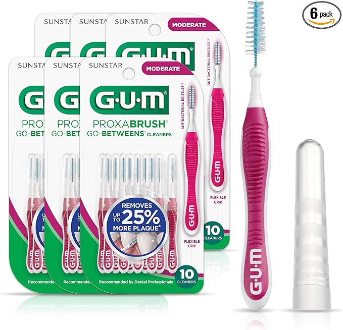 GUM Proxabrush Go-Betweens - Moderate - Interdental Brushes - Soft Bristled Dental Picks for Plaque Removal Health - Safe for Braces & Dental Devices, 10ct (Pack of 6)