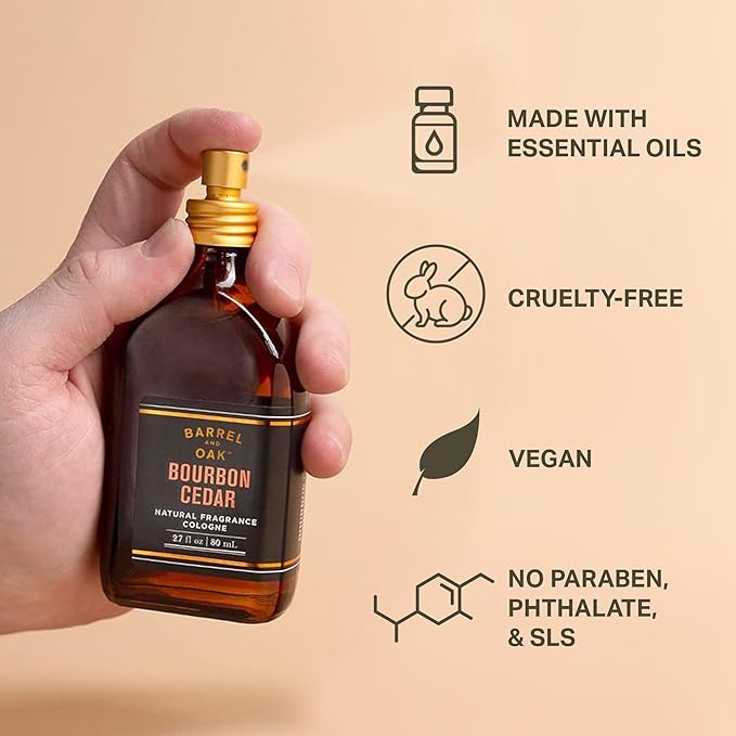 Barrel & Oak Cologne for Men, Natural Essential Oil-Based Men's Fragrances, Long-Lasting Men's Cologne for Day & Night, Paraben & SLS-Free, Gifts for Men, Bourbon Cedar, 2.7 oz