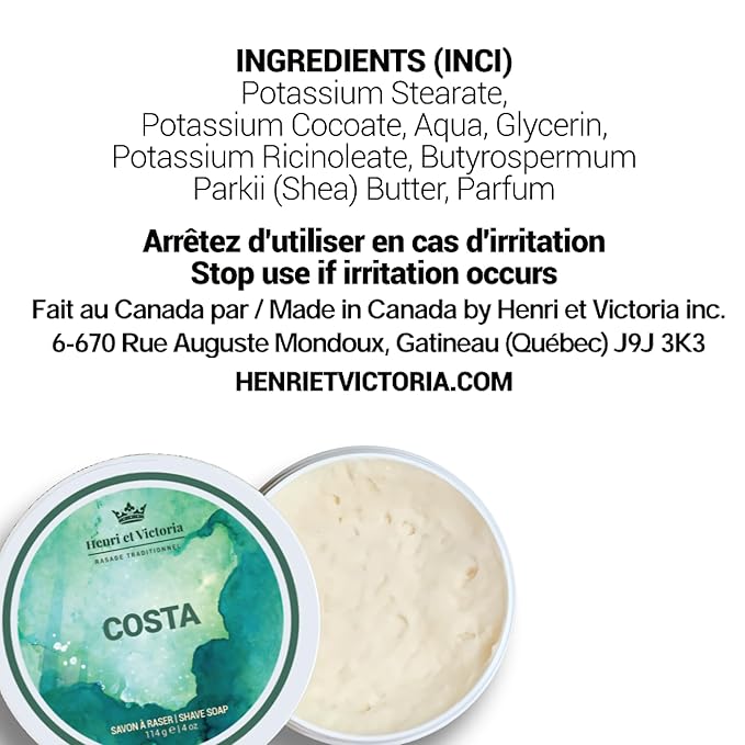 Henri et Victoria Traditional Shaving Soap For Men | Costa Fragrance | Smooth Shave, Lathers Up Nicely, Long-Lasting Scent | Canadian Made by Skilled Artisan 114 g (4 oz)