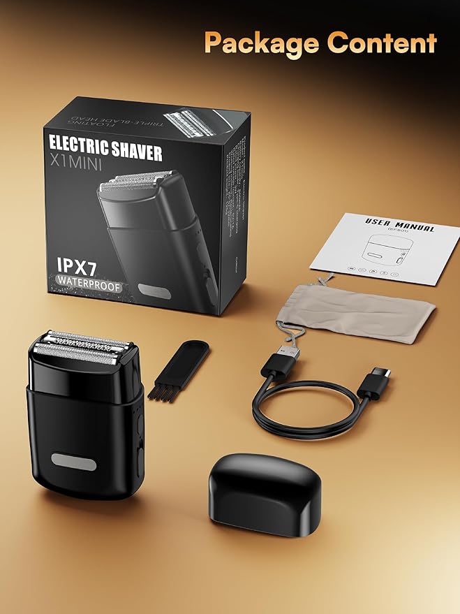 Electric Foil Shavers for Men: Mini Electric Razor with 3 Floating Blades, IPX7 Waterproof & USB-C Fast Charge Cordless Foil Shaver for Men with Travel Lock, Dark Black